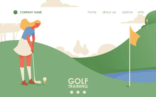 ゴルフ場で若いブロンドの女性のトレーニングとベクトルコンセプトスポーツシーン フラット文字 風景や緑の草 ランディングページまたはバナーテンプレート — ストックベクタ