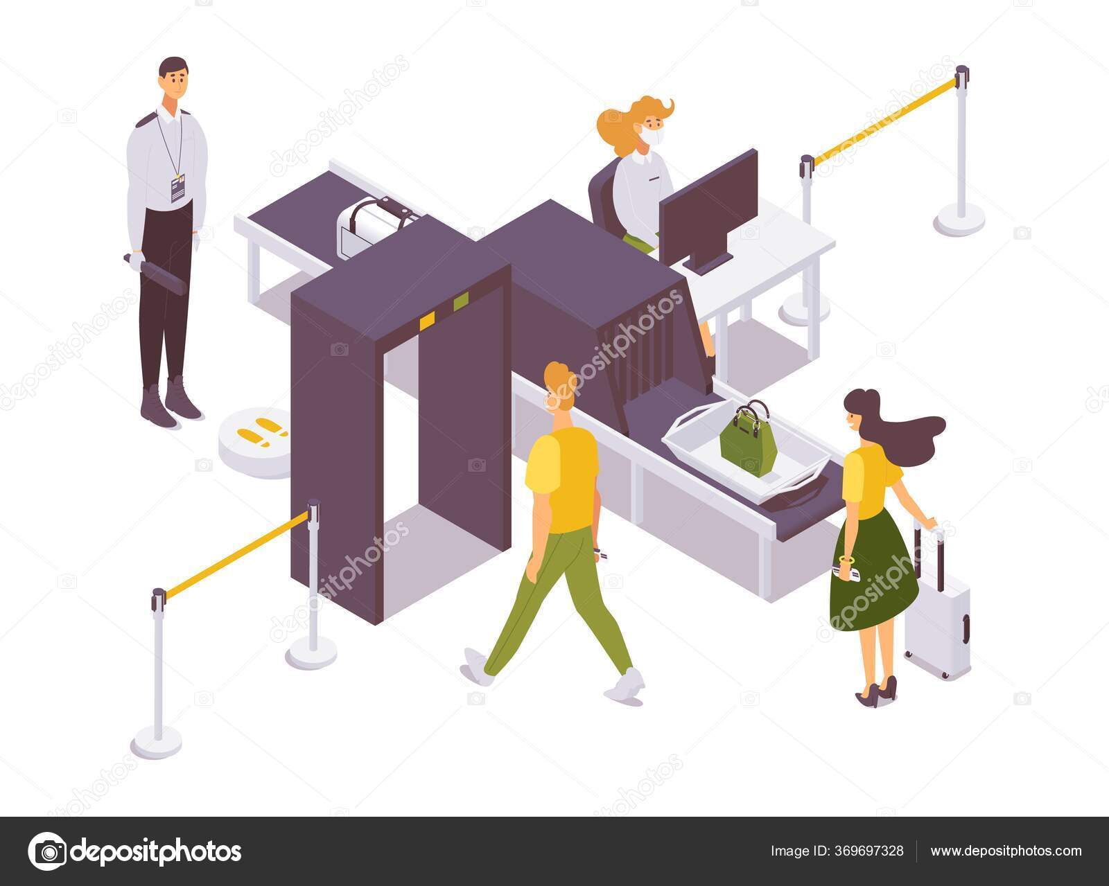 Airport Security Checkpoint Isometric Guards Passengers Bags Baggage
