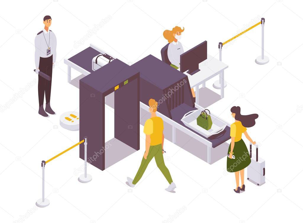 Airport security checkpoint isometric with guards and passengers. Bags and baggage inspection conveyor.