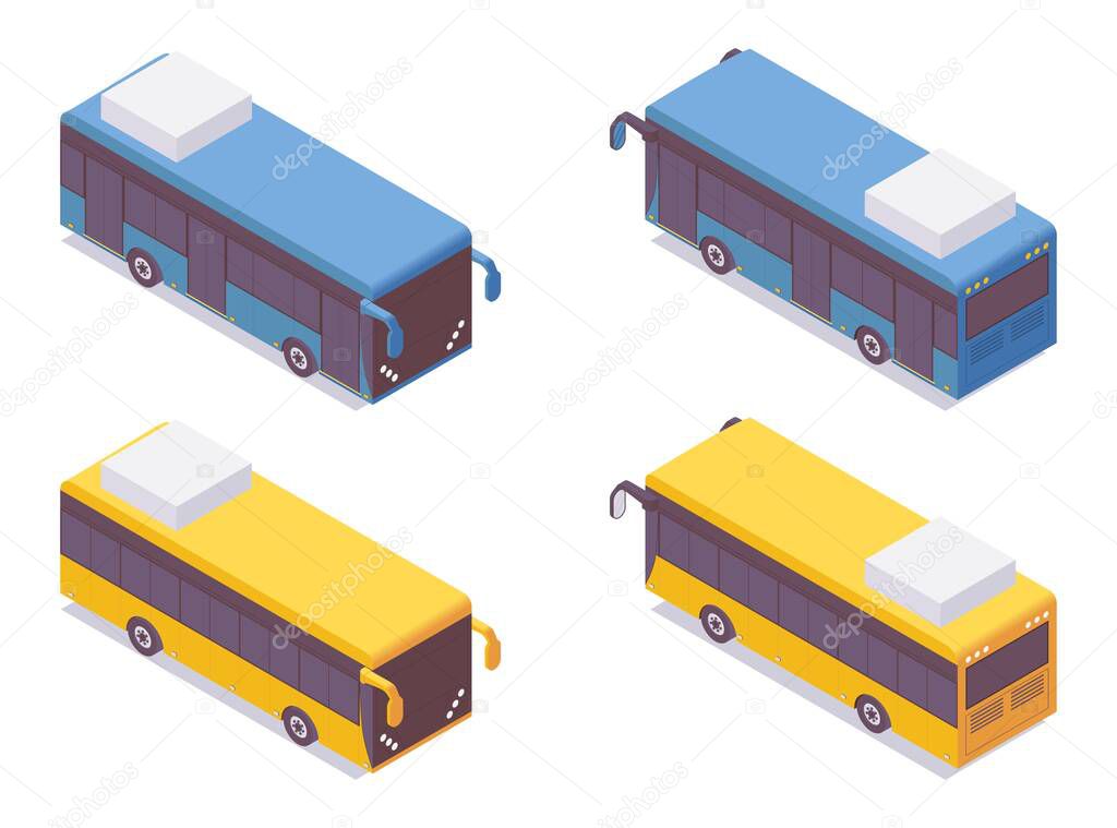 Public bus isometric. Collection of vehicle in various foreshortening good for right-hand and left-hand traffic.