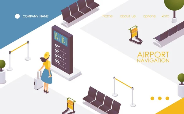 Banner Der Flughafennavigation Junge Frau Mit Hut Und Gepäck Informationsstand — Stockvektor