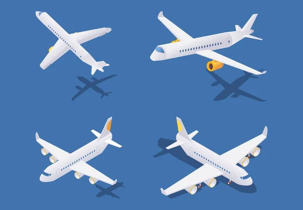 Isometrische Passagierflugzeuge Während Des Starts Flug Und Boden Vektor Konzeptsammlung — Stockvektor