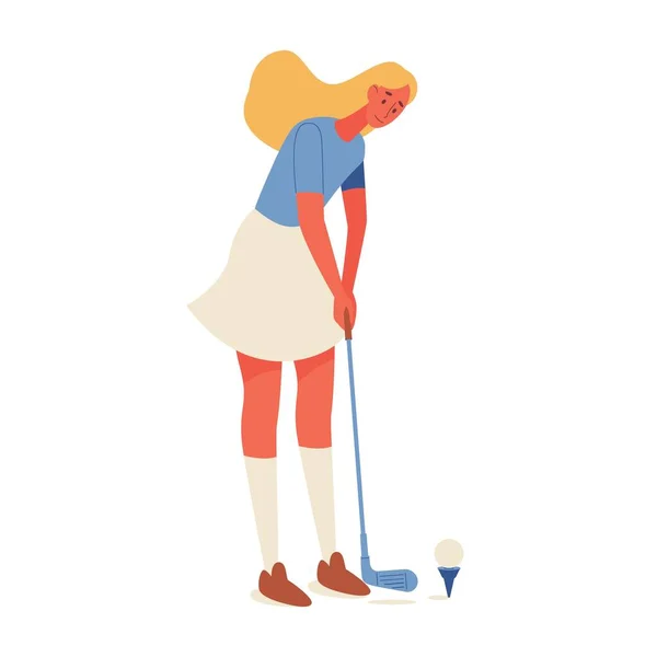 Une Jeune Femme Qui Entraîne Golf Illustration Plate Avec Personnage — Image vectorielle