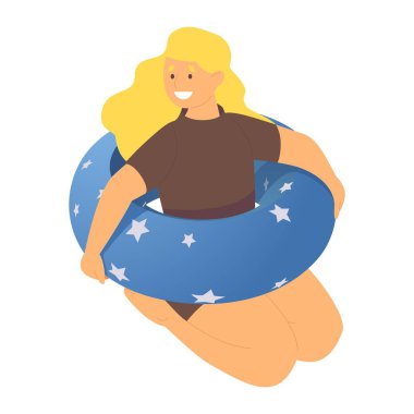 Yüzen can simidi mavi yüzen lastik halkalı Itrik bir çocuk. Beyaz mutlu çocukluk karakter tasarımı tropikal tatil, otel ve havuz tatili için iyidir..