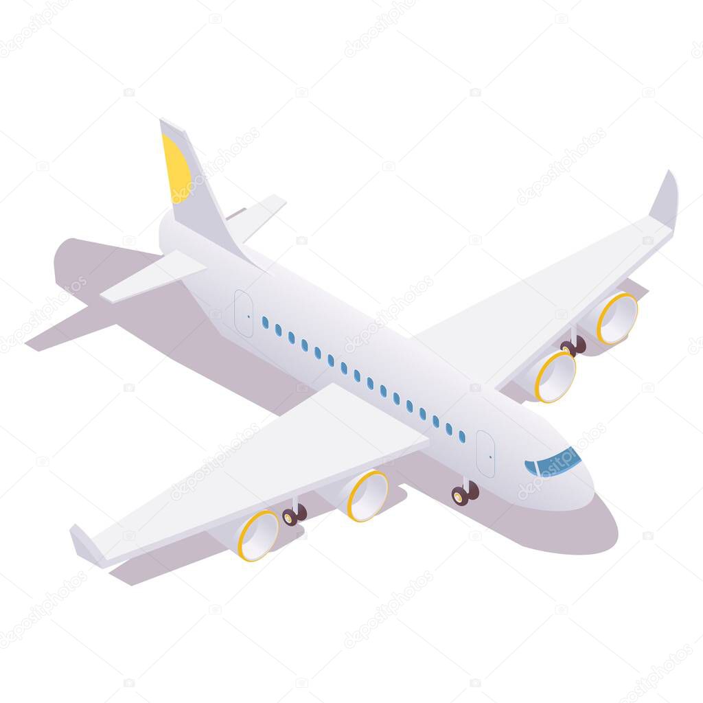 Isometric passenger plane standing at the airport with landing gears lowered.