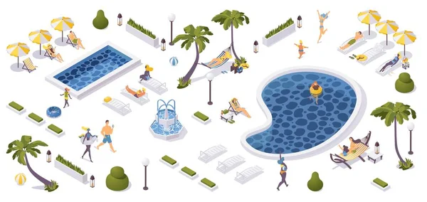 ビーチリゾートのコンセプト3Dアイソメトリックシーン ビーチウェアや水着でリラックスした人々と熱帯のヤシ プール ラウンジャー 子供や大人が歩いて楽しんでいます — ストックベクタ