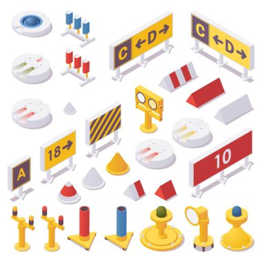 Isometric set havaalanı ışıkları, taksi yolu işaretleri, pist muhafızları, yaklaşma, touchdown bölgesi ve gelişmiş havaalanı ışığı belirleme.