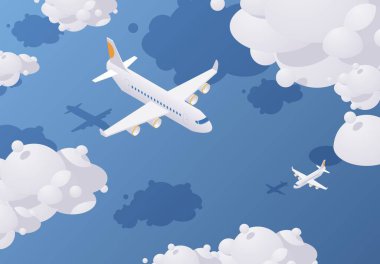 Mavi denizin üzerinde bulutlarla dolu, gökyüzünde uçan Isome yolcu uçağı. Vektör konsepti çizimi