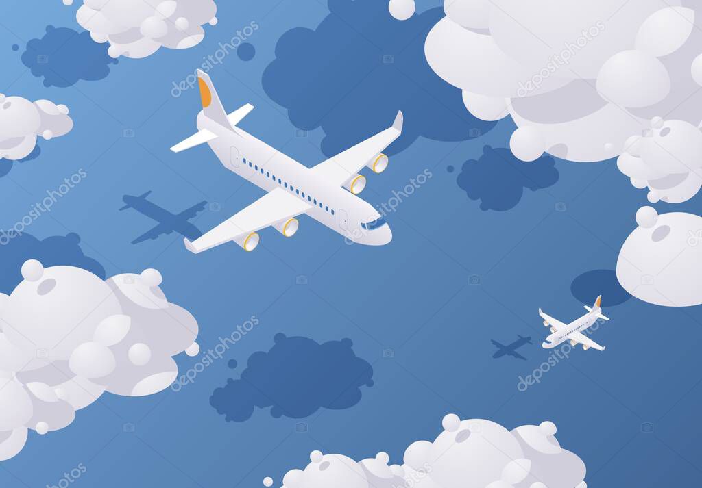Isometric passenger airplane flying in the sky full of clouds above the blue sea. Vector concept illustration