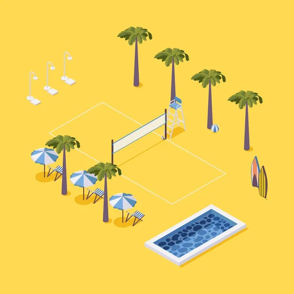 Сцена Пляжною Волейбольною Сіткою Долонями Стільцями Басейном Відкритим Душем Жовтому — стоковий вектор