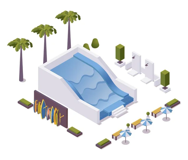 Vlnový Bazén Pro Surfování Tréninkové Izometrické Scény Vektorový Koncept Ilustrace — Stockový vektor