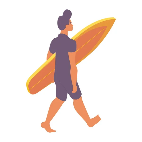 Isometryczny Młody Człowiek Deską Surfingową Surfuj Dłoniach — Wektor stockowy