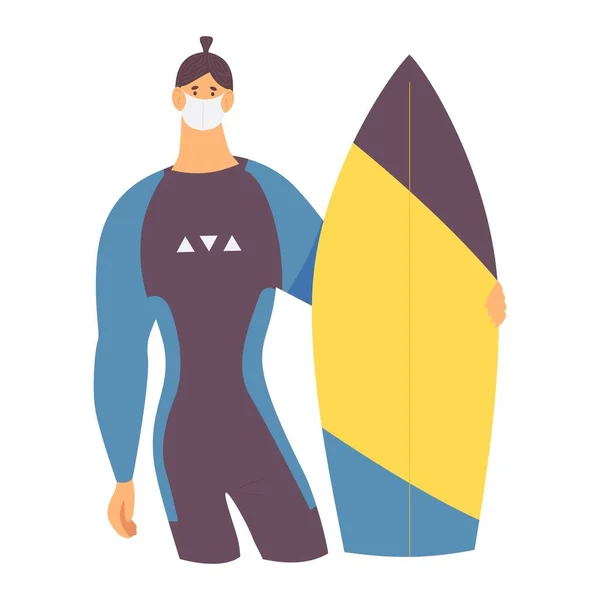 Junger Starker Mann Taucheranzug Mit Surfbrett Und Mundschutz Während Der — Stockvektor