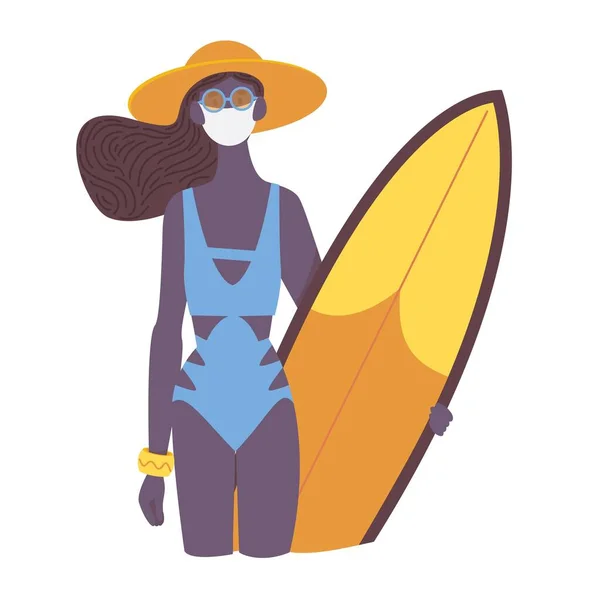 Covid 19大流行病期间戴防护面罩的冲浪板的年轻非洲妇女 — 图库矢量图片