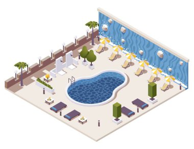 Otelin açık havuzu, duşu, solaryumu ve şelalesi olan vektör izometrik konsept çizimi