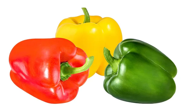 Vörös, zöld és sárga paprika, elszigetelt fehér — Stock Fotó