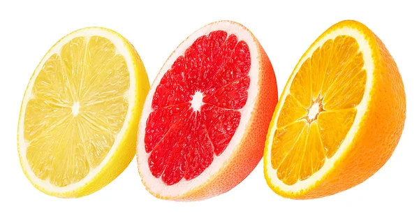 Zitrone, Orange und Grapefruit isoliert auf weiß — Stockfoto