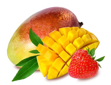 Çilek ve mango meyve üzerinde beyaz izole