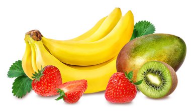 Muz, çilek ve mango meyve izole izole 