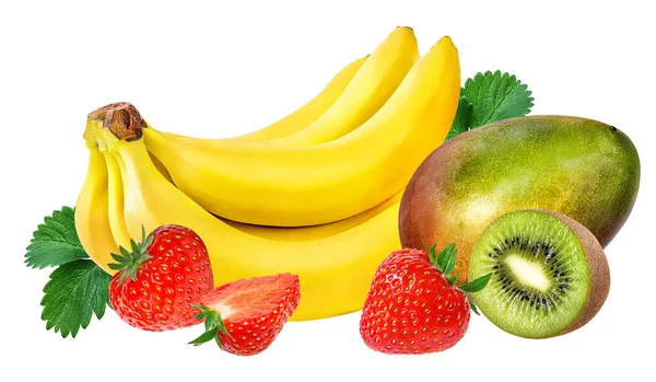 Banany truskawki i na białym tle owoce mango na białym tle — Zdjęcie stockowe