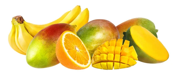 香蕉、 芒果和孤立的橙色 — 图库照片