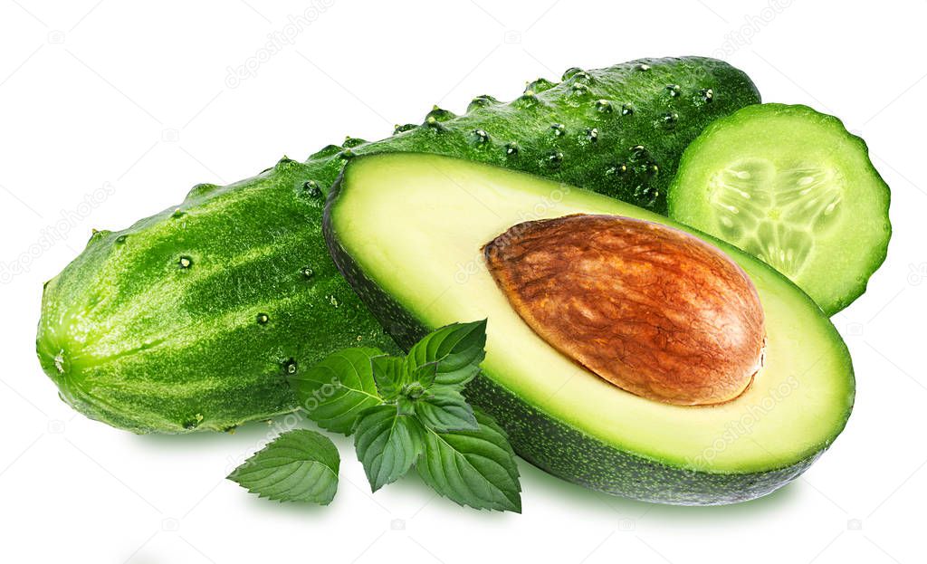 Cucumber and avocado   with leaf mint isolated 