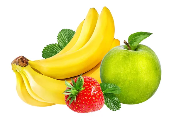 Banana, maçãs e morango isolados sobre branco — Fotografia de Stock
