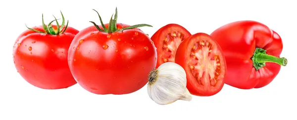 Verduras frescas (tomate, pimientos, ajo) aisladas sobre blanco —  Fotos de Stock