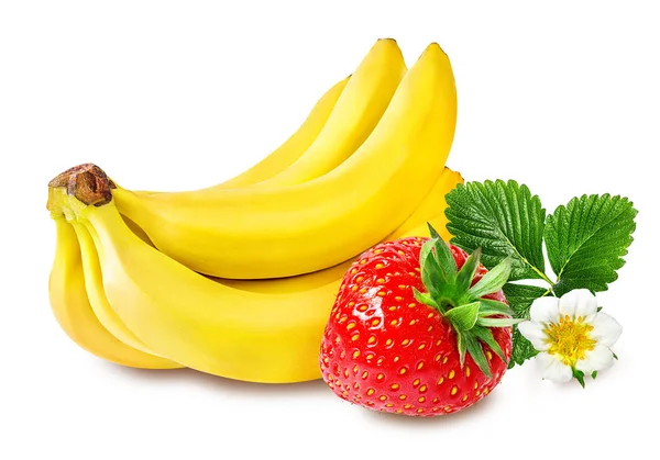 Banana e morango isolados em branco — Fotografia de Stock