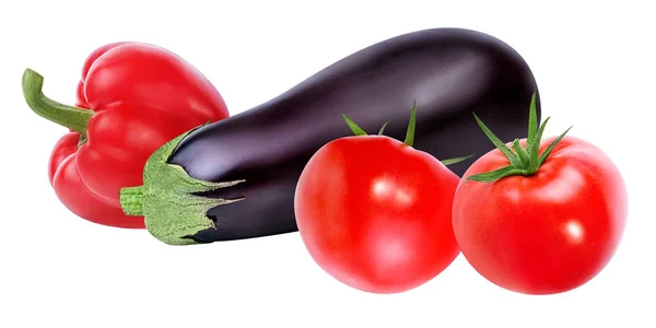 Fresh vegetable tomato ,eggplants and pepper isolated on white Stock Photo