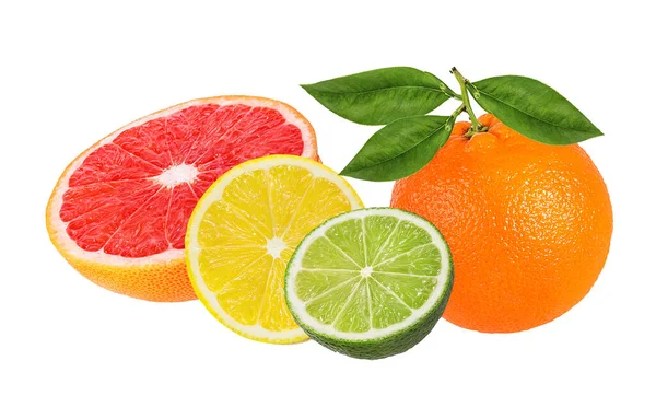 Conjunto Frutas Cítricas Naranja Pomelo Lima Limón Aislado Sobre Fondo —  Fotos de Stock