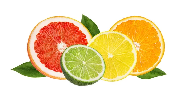 Conjunto Frutas Cítricas Naranja Pomelo Lima Limón Aislado Sobre Fondo — Foto de Stock
