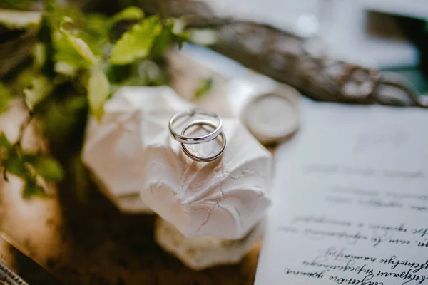 Anillos de boda en un malvavisco — Foto de Stock