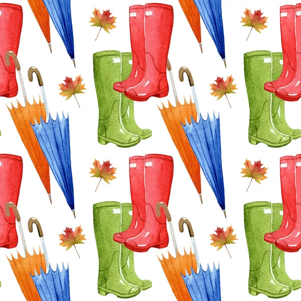 Ručně tažené akvarel vzor bezešvé s podzimní prvky. Deštník, list, gumové holínky. — Stock fotografie