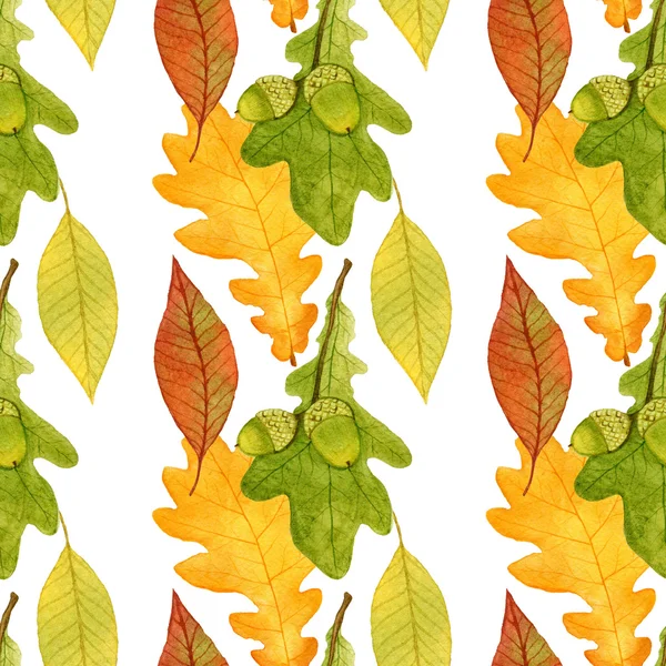 Podzimní vzor bezešvé s žaludy a dubové listy. Šablona návrhu akvarel. — Stock fotografie