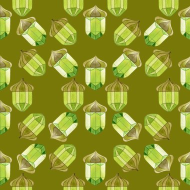 Sulu Boya Dikişsiz desen ile zeytin arka plan üzerinde meşe palamudu. Stilizasyon kristalleri.