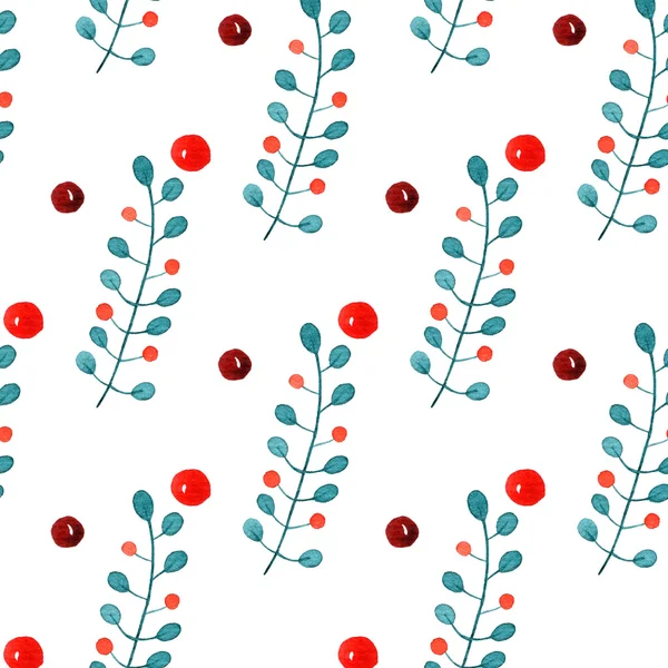 Enfeites de Natal com os ramos e bagas de azevinho. aquarela sem costura padrão no fundo branco . — Fotografia de Stock