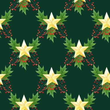 Sulu Boya Dikişsiz Noel desen el çizmek altın yıldız, holly çilek ve koyu yeşil background.holidays tasarım üzerinde bırakır.