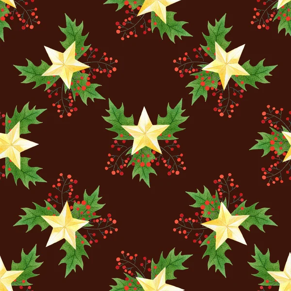 Patrón sin costuras de Navidad con bayas de acebo, hojas y estrellas doradas sobre fondo vinoso. dibujar a mano estilo acuarela para textiles, papel y envoltura —  Fotos de Stock