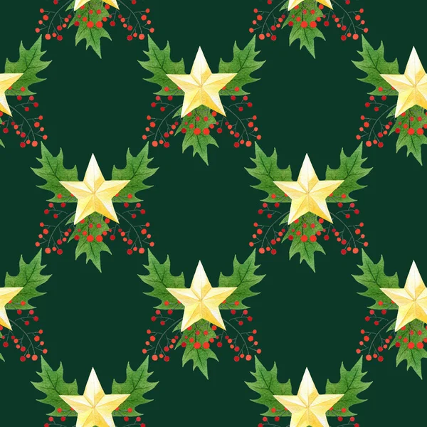 Watercolor seamless Christmas pattern with hand draw golden stars,holly berries and leaves on dark green background.holidays design. — Stock Photo, Image