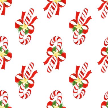 suluboya el Noel şirin desen çekilmiş. baston şekerler, yay, Altın yıldızlar ve holly ile sorunsuz arka plan bırakır. tatil ambalaj kağıdı.