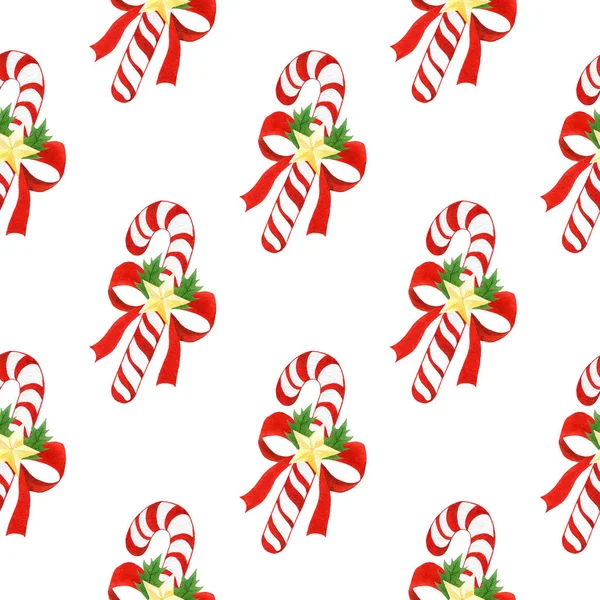 Seamless holiday pattern with Christmas striped candy canes,bows,golden stars,holly leaves painted in watercolor on white isolated background. — Stock Photo, Image