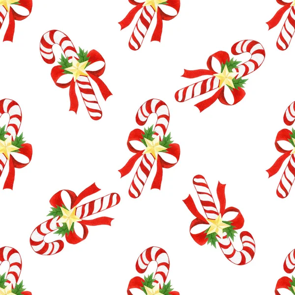 Noel desenle sorunsuz tatil çizgili baston şekerler, yay, altın yıldız, holly beyaz izole zemin üzerine suluboya boyalı yaprakları.