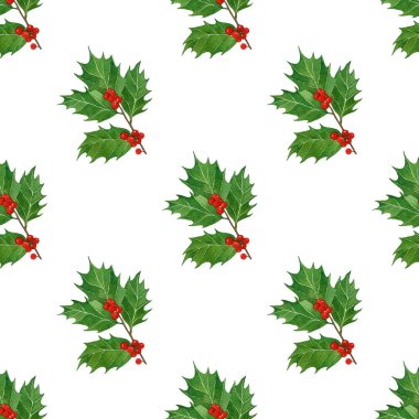 holly Karpuzu ve yaprak suluboya ile Noel seamless modeli.