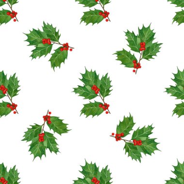 holly Karpuzu ve suluboya yaprak beyaz arka plan üzerinde Noel seamless modeli.