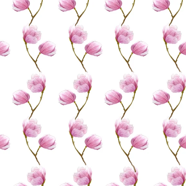 Watercolor magnolia ramos sem costura padrão, ilustração desenhada à mão em fundo branco.design temporada para têxteis, impressão, papel de embrulho . — Fotografia de Stock