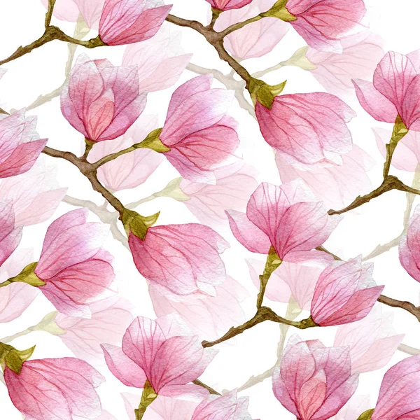 Wiosna na tle akwarela magnolia. dwie warstwy kwiatów i gałęzi drzewa magnolii. — Zdjęcie stockowe