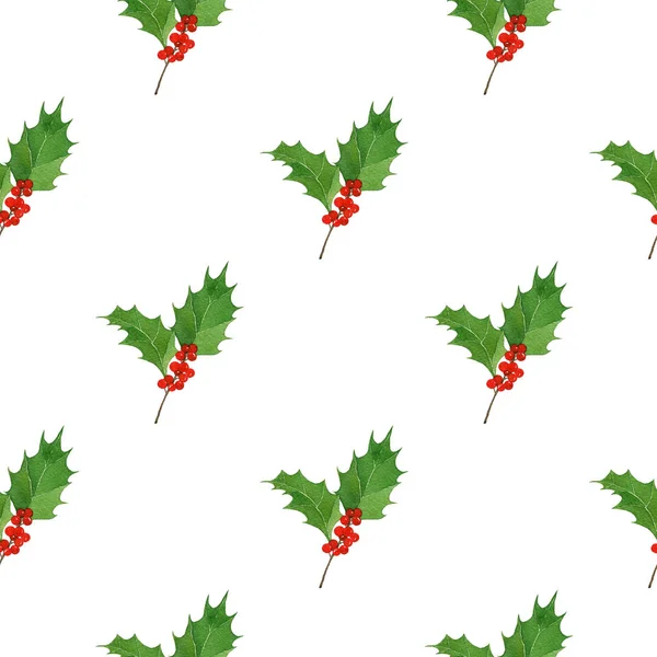 Motif sans couture d'hiver avec des baies de houx et des feuilles en aquarelle sur fond blanc. Fond de Noël . — Photo