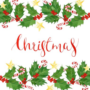 Noel hat suluboya holly yaprakları ve meyveleri beyaz arka plan, kartpostal, tebrik kartı.
