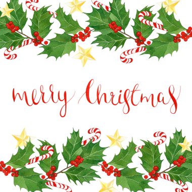 Neşeli Noel metin suluboya holly yaprakları ve meyveleri izole beyaz arka plan, kartpostal, tebrik kartı.